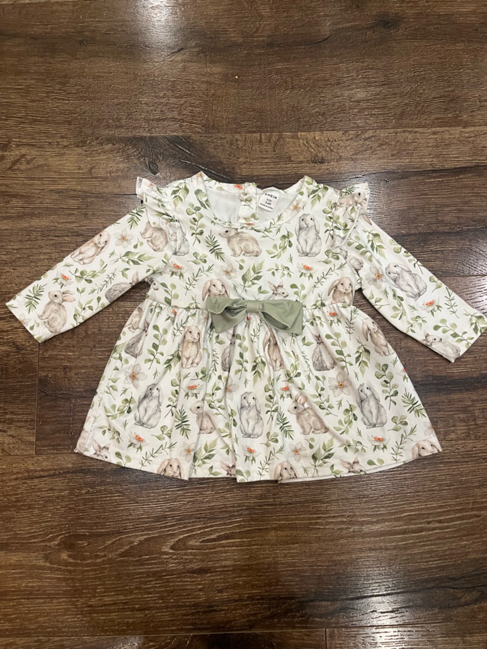 Infant Bunny Print Long Sleeve Dress with Green Bow - Size 3-6 months